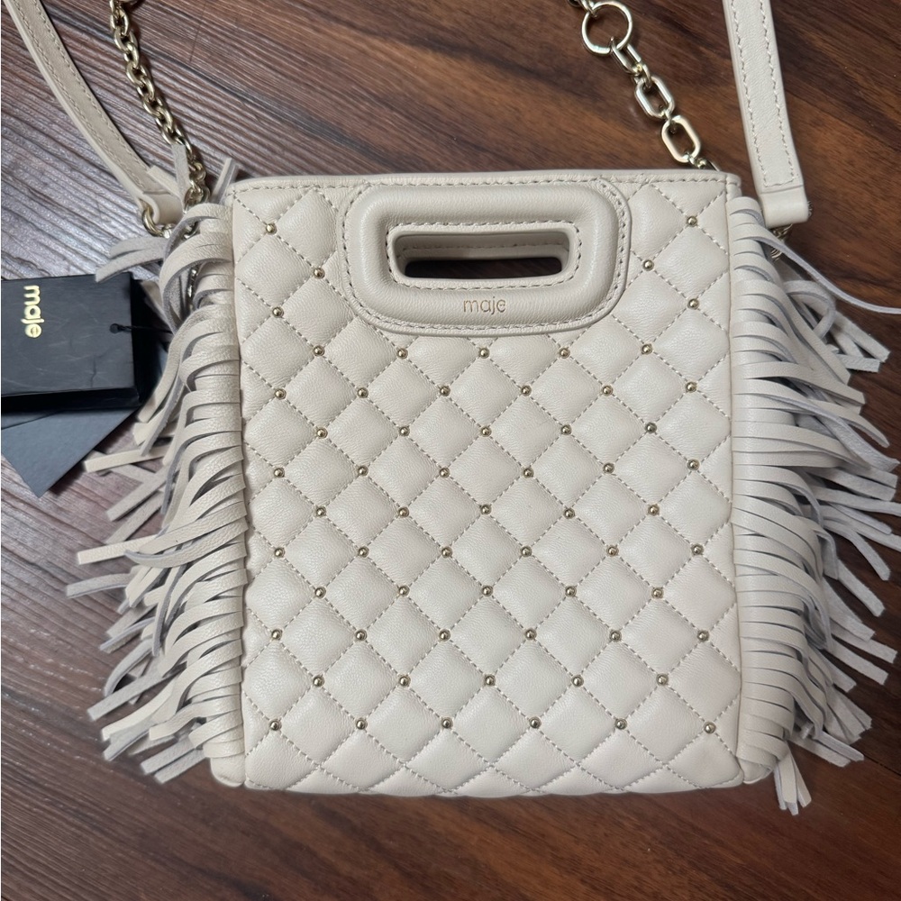 NWT Maje Studded Quilted Leather Fringe Crossbody Bag